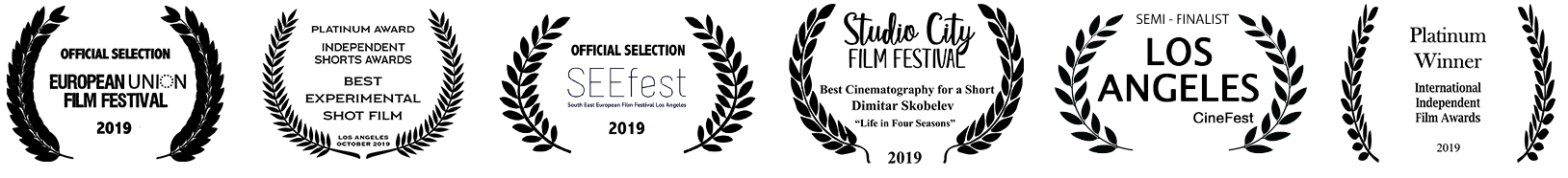 A series of film festival recognition badges with white laurel wreaths on a black background. One badge reads 'OFFICIAL SELECTION SEEfest 2019' and another reads 'SEMI-FINALIST LOS ANGELES CineFest'.
